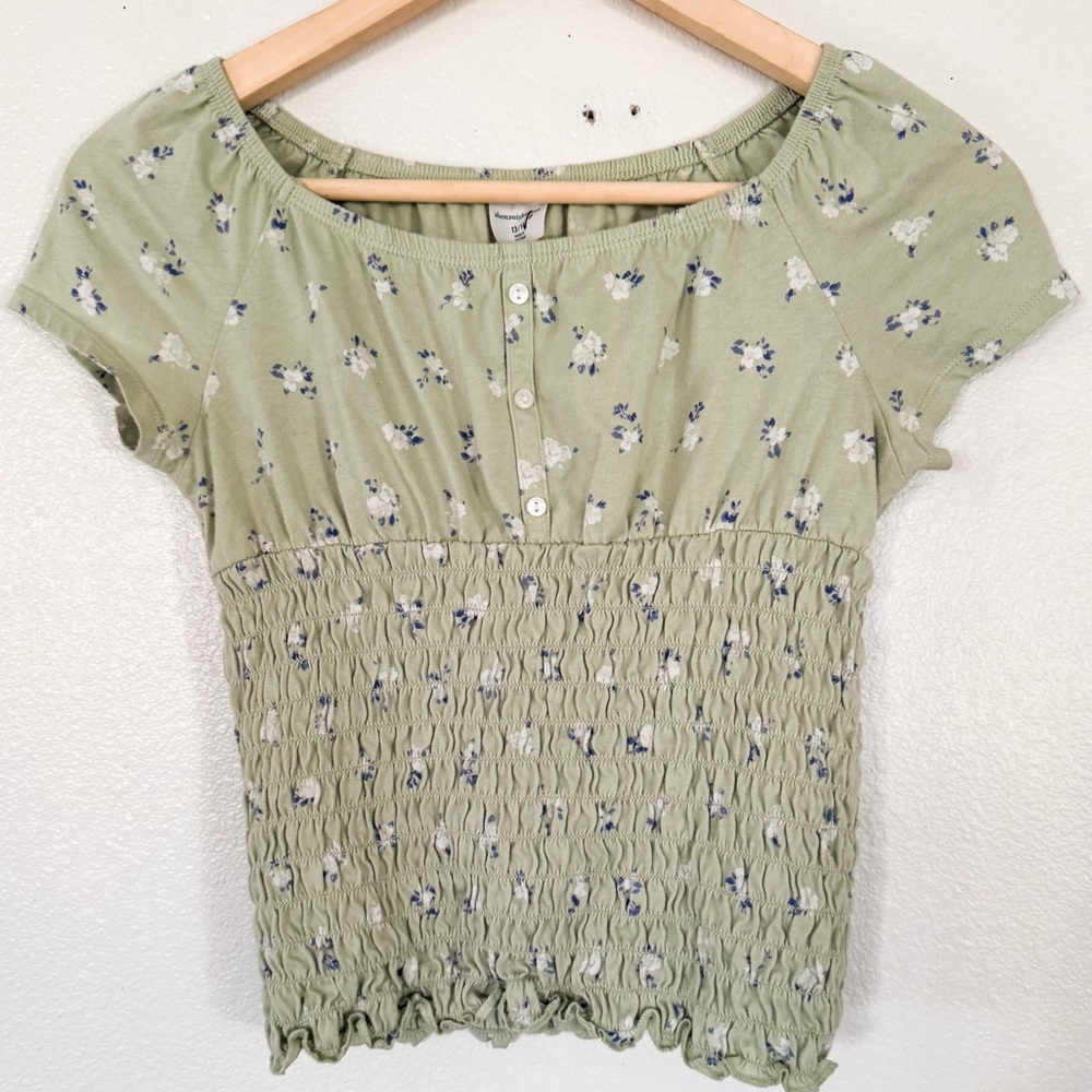 Abercrombie Tween Kids Green Floral Smocked Peasant Top Girl Size 13/14